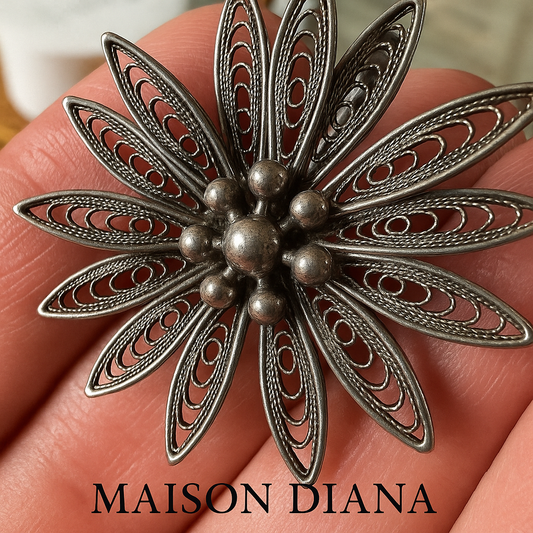 Vintage Filigree Flower Brooch -1950s Elegance