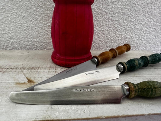 Vintage Dessert Knife Set – 6 Stainless Steel Knives with Turned Wooden Handles (Multicolor)
