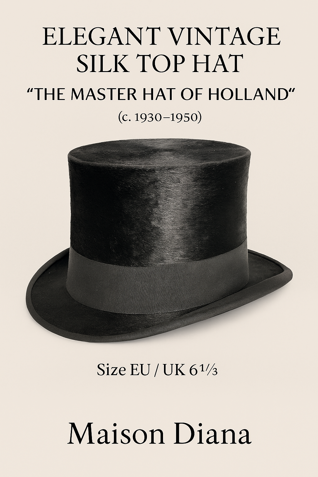Elegant Vintage Silk Top Hat
By The Master Hat of Holland (circa 1930–1950)