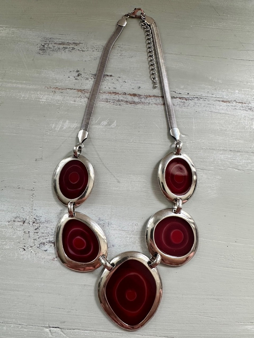 Bold Red Statement Necklace with Organic Silver-Tone Setting