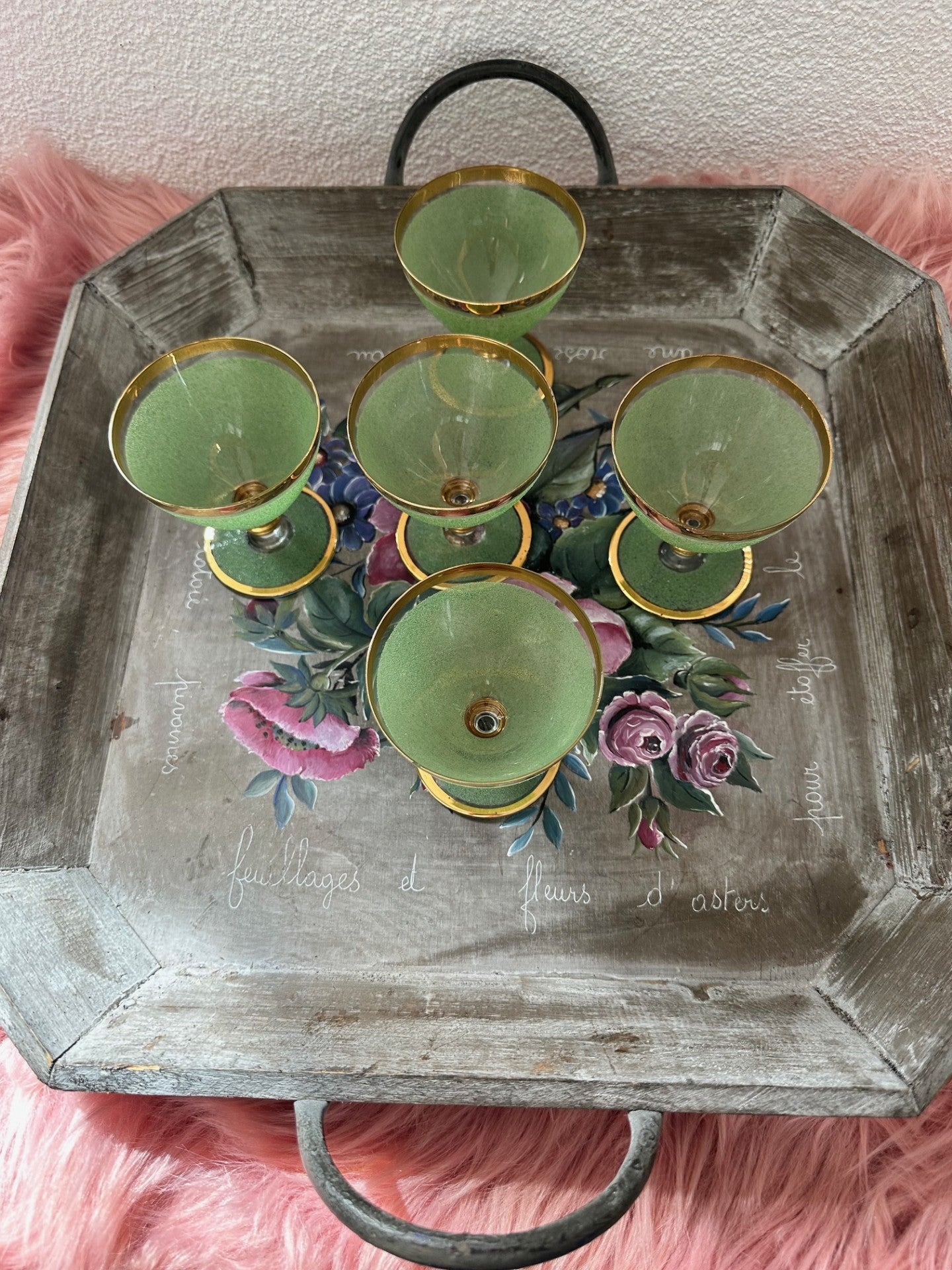 Vintage French Green & Gold Glasses – Set of 5
