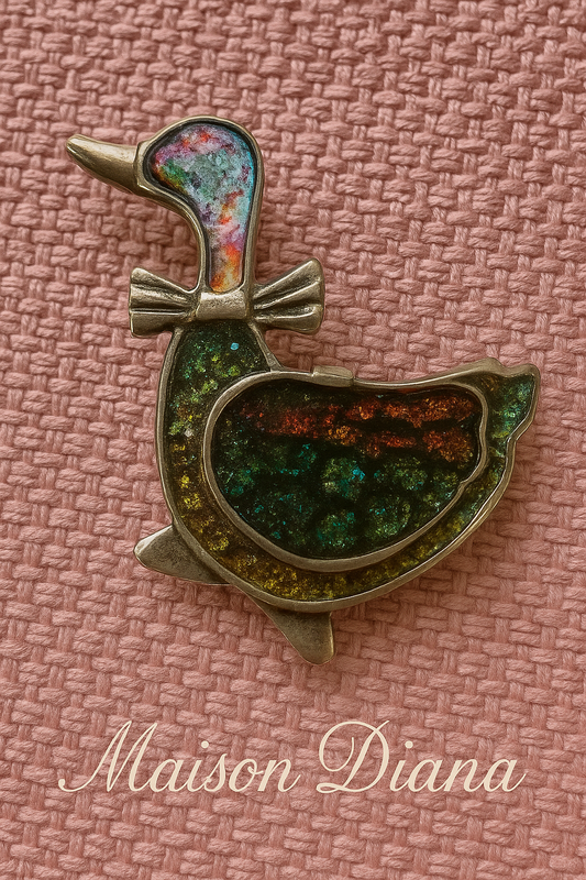 Colorful Vintage Duck Brooch with Dichroic Glass Inlay