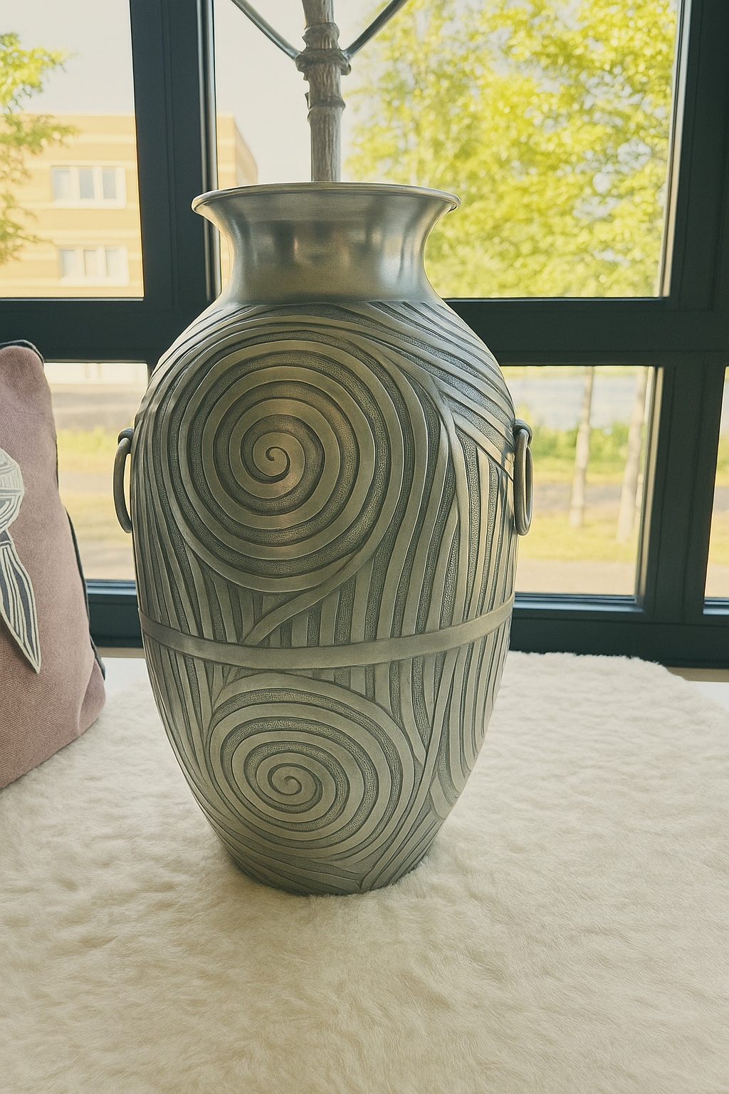 Etched Silver-Tone Metal Vase – Tribal Motif
