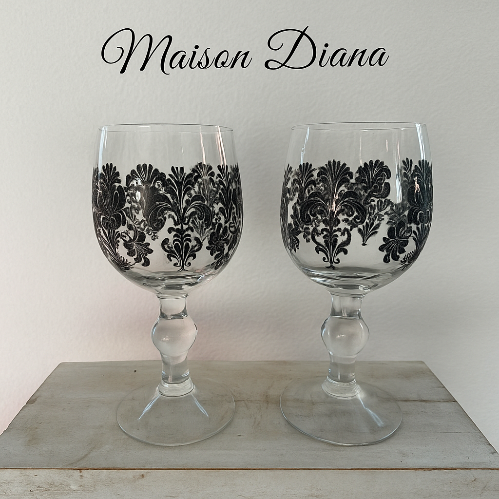 Baroque Black Flocked Wine Glasses – Set of 2  Maison Diana Collection