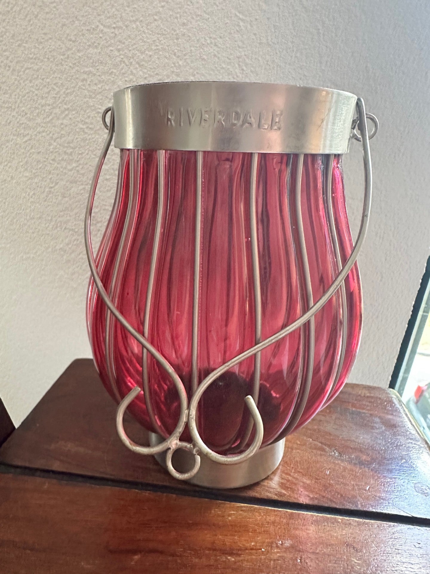 Riverdale Deep Ruby Glass Lantern – Silver Framed Elegance