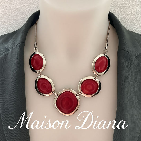 Bold Red Statement Necklace with Organic Silver-Tone Setting
