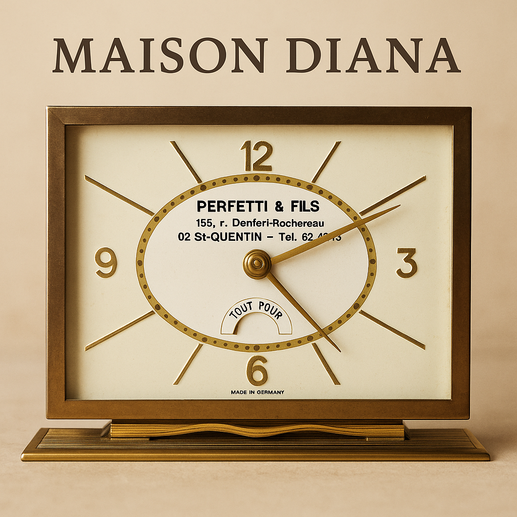 Vintage Mid-Century Advertising Mantel Clock – Perfetti & Fils, France