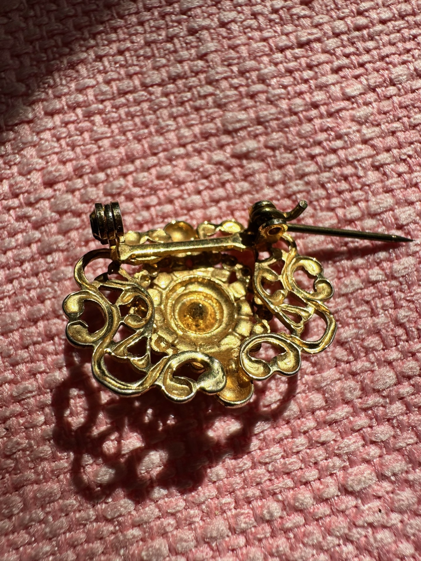 Vintage Baroque-Style Brooch with Faux Pearl & Rhinestones