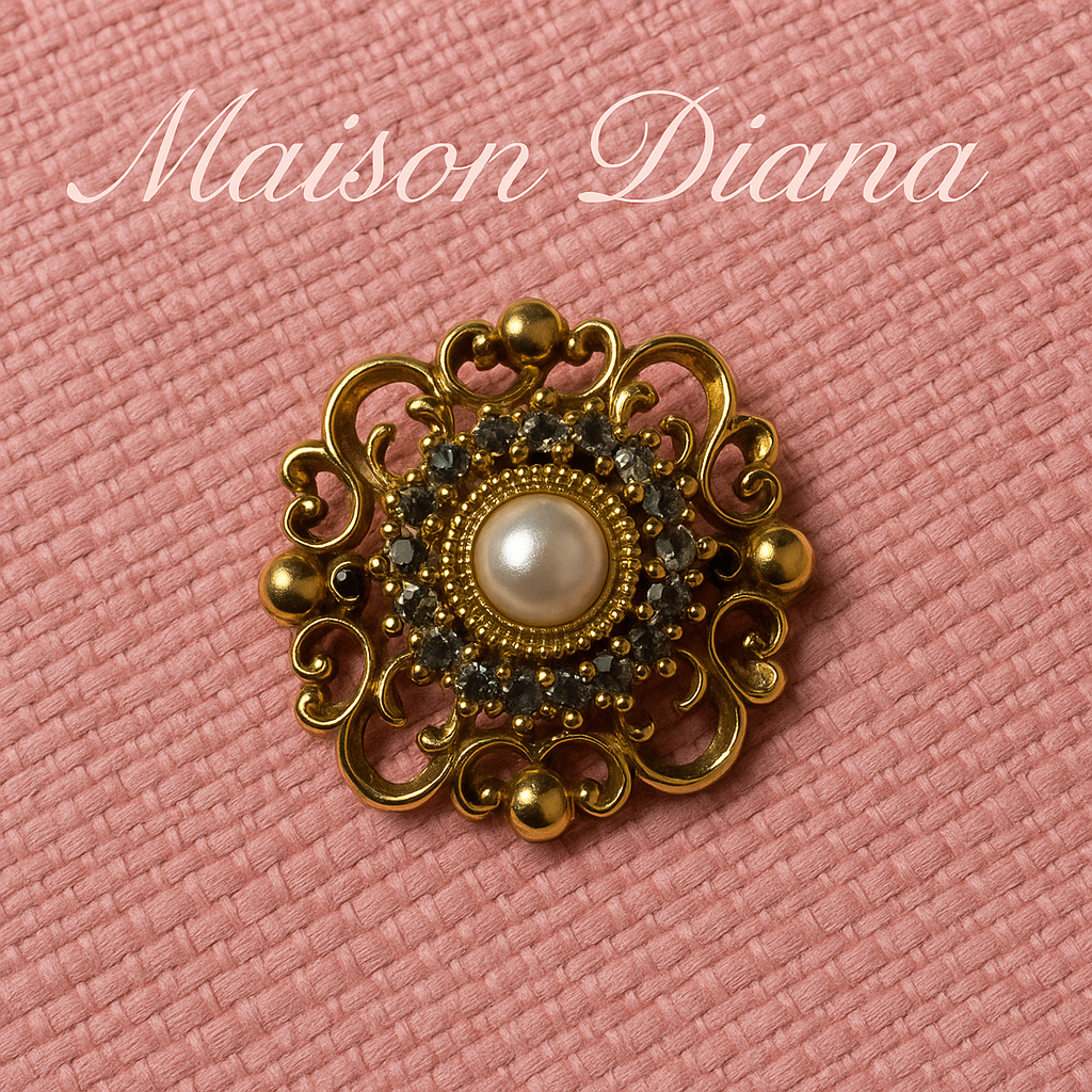 Vintage Baroque-Style Brooch with Faux Pearl & Rhinestones