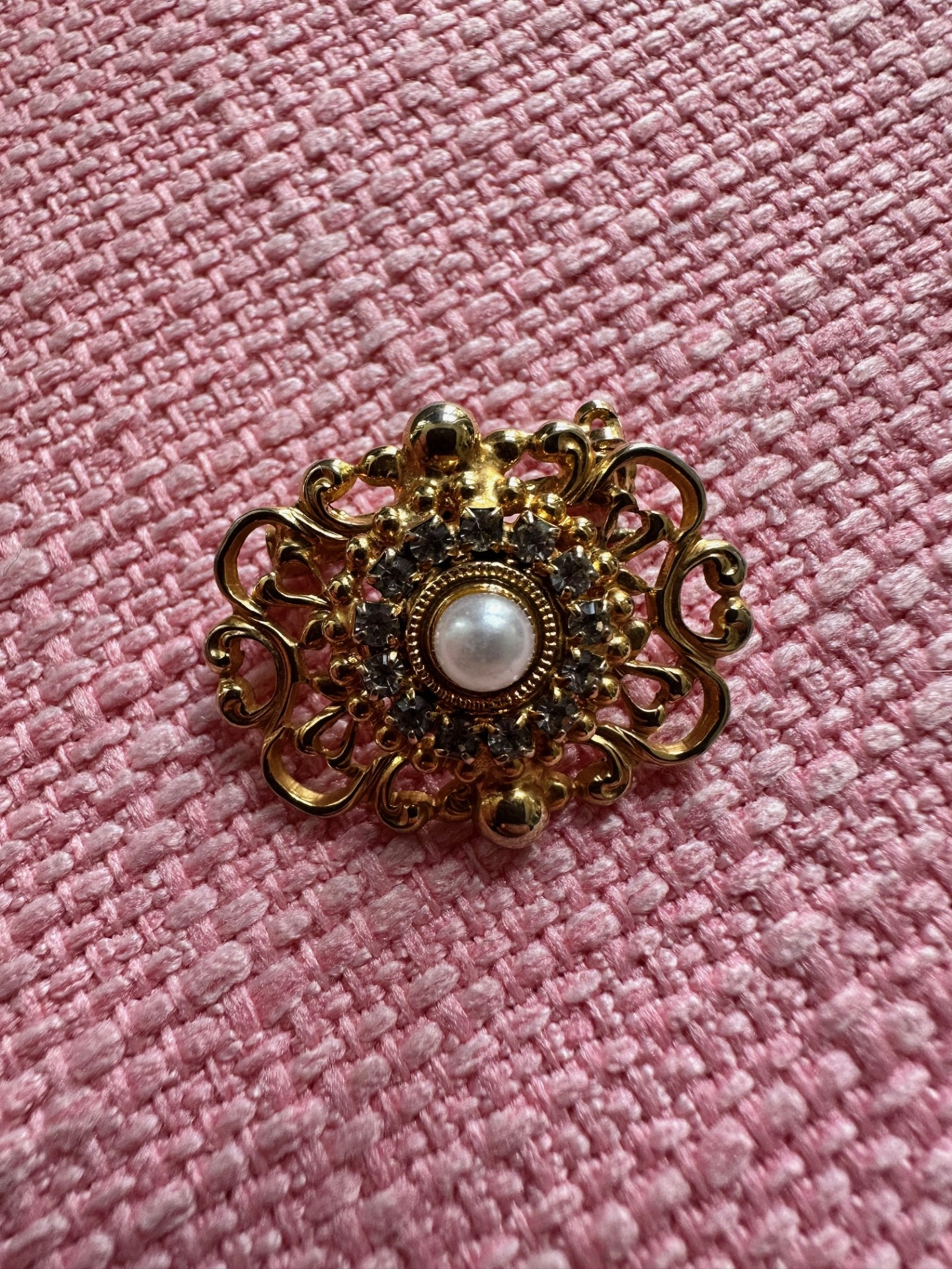 Vintage Baroque-Style Brooch with Faux Pearl & Rhinestones