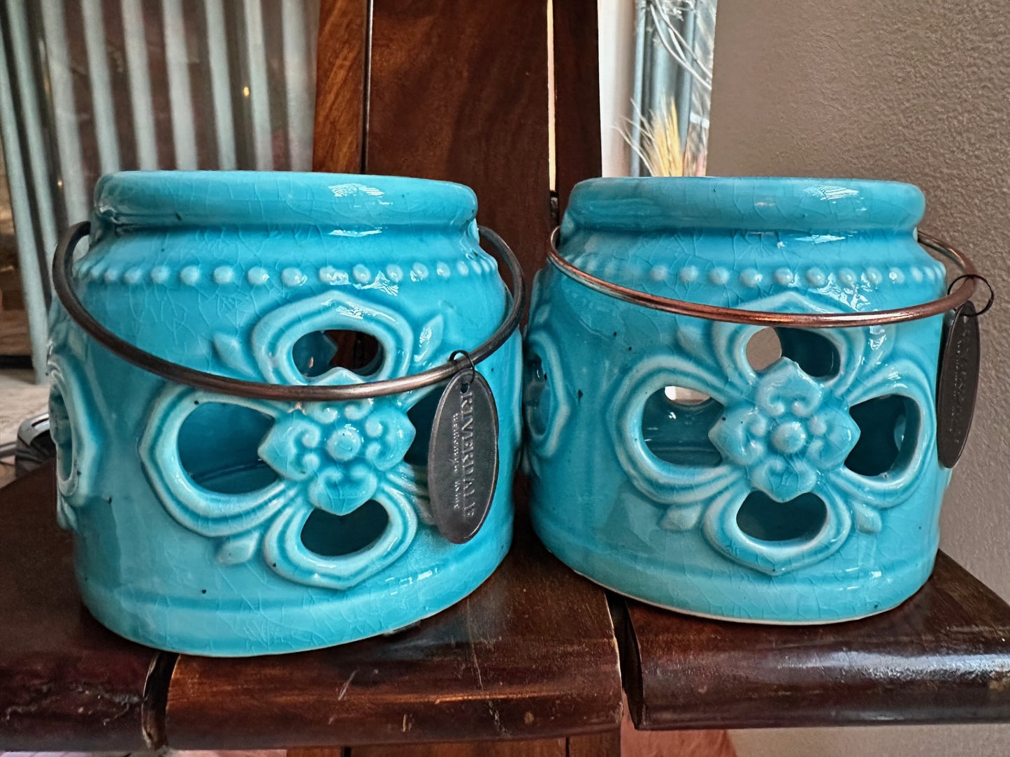 Set of Two Turquoise Ceramic Lanterns by Riverdale