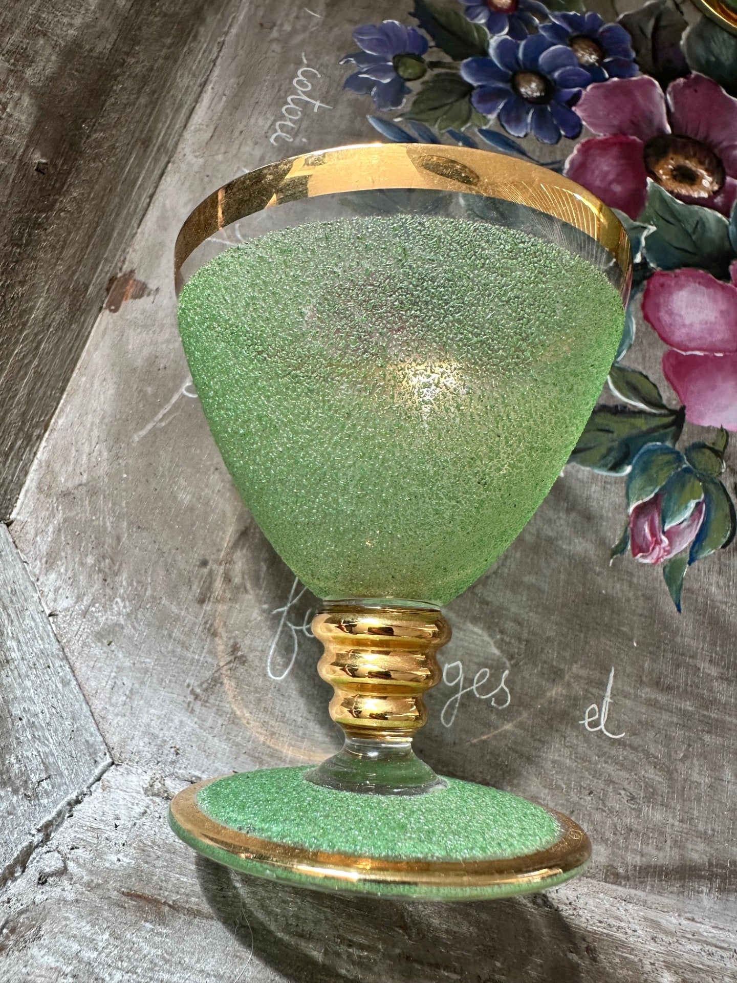 Vintage French Green & Gold Glasses – Set of 5