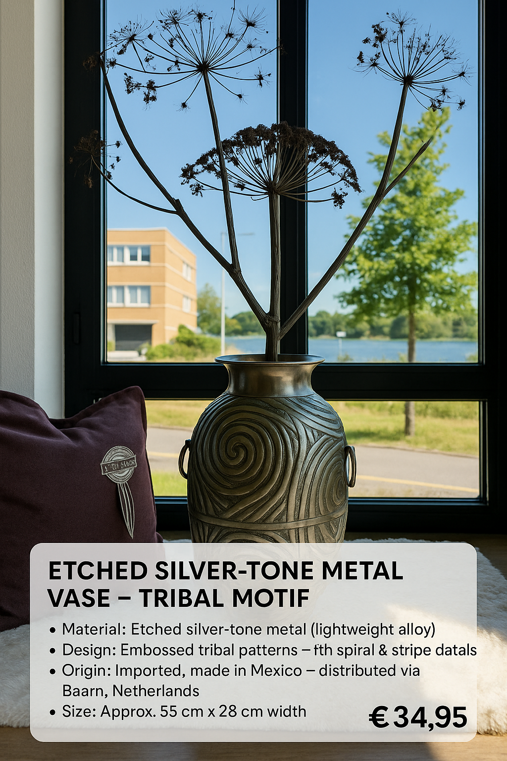 Etched Silver-Tone Metal Vase – Tribal Motif
