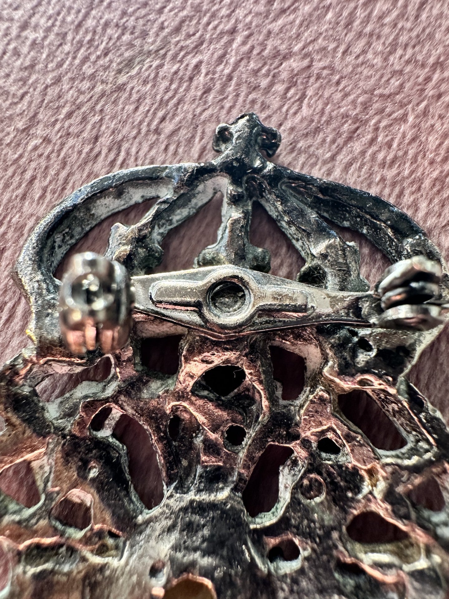 Antique-Inspired Crown Brooch with Faux Pearl