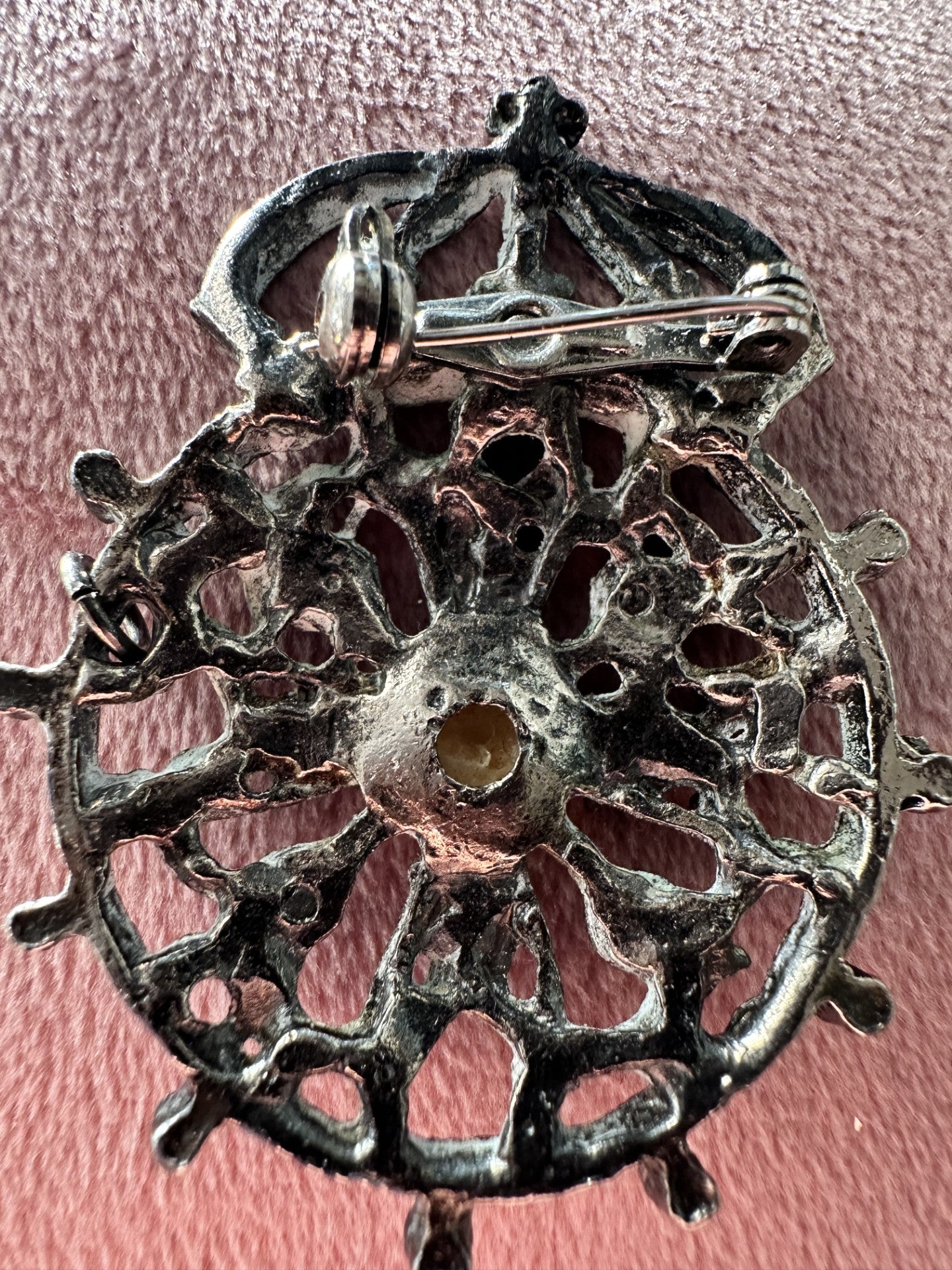 Antique-Inspired Crown Brooch with Faux Pearl