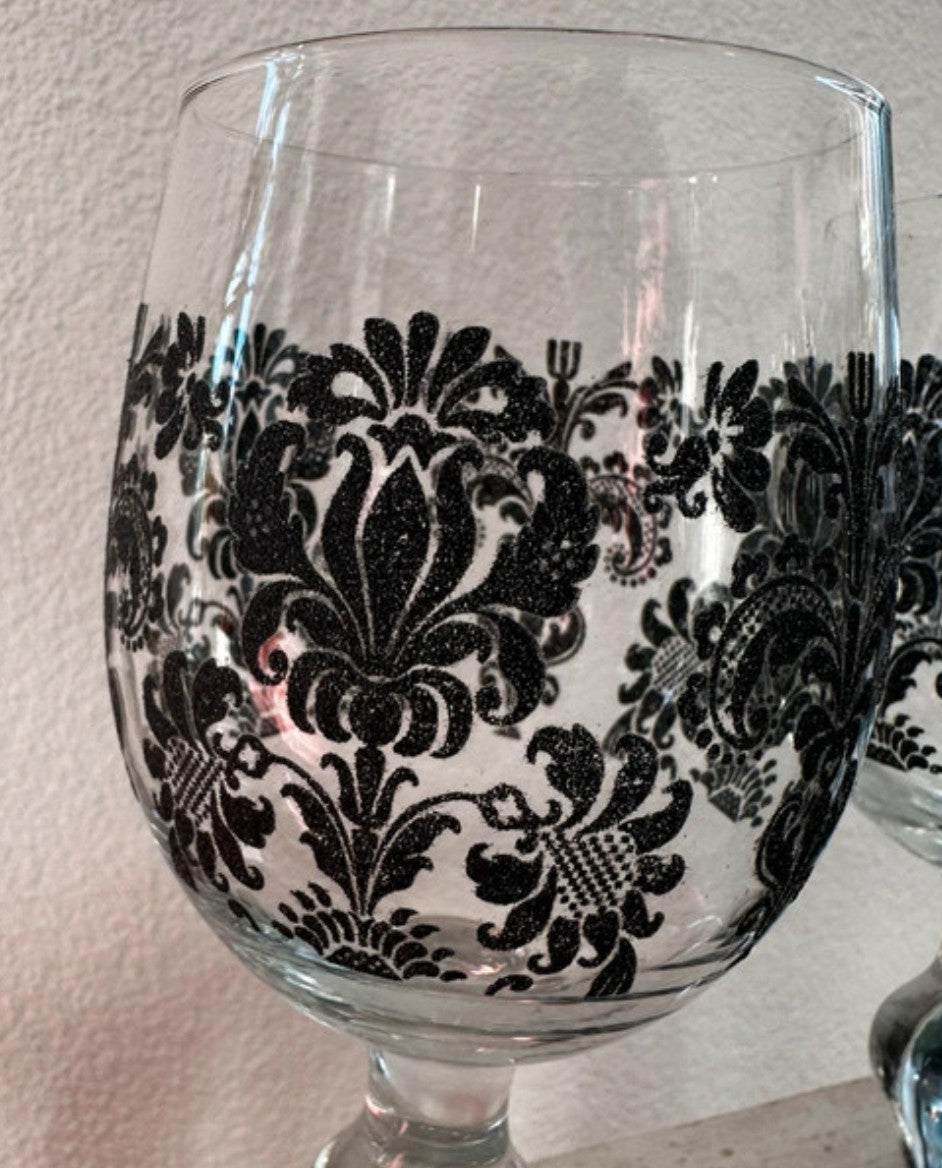 Baroque Black Flocked Wine Glasses – Set of 2  Maison Diana Collection