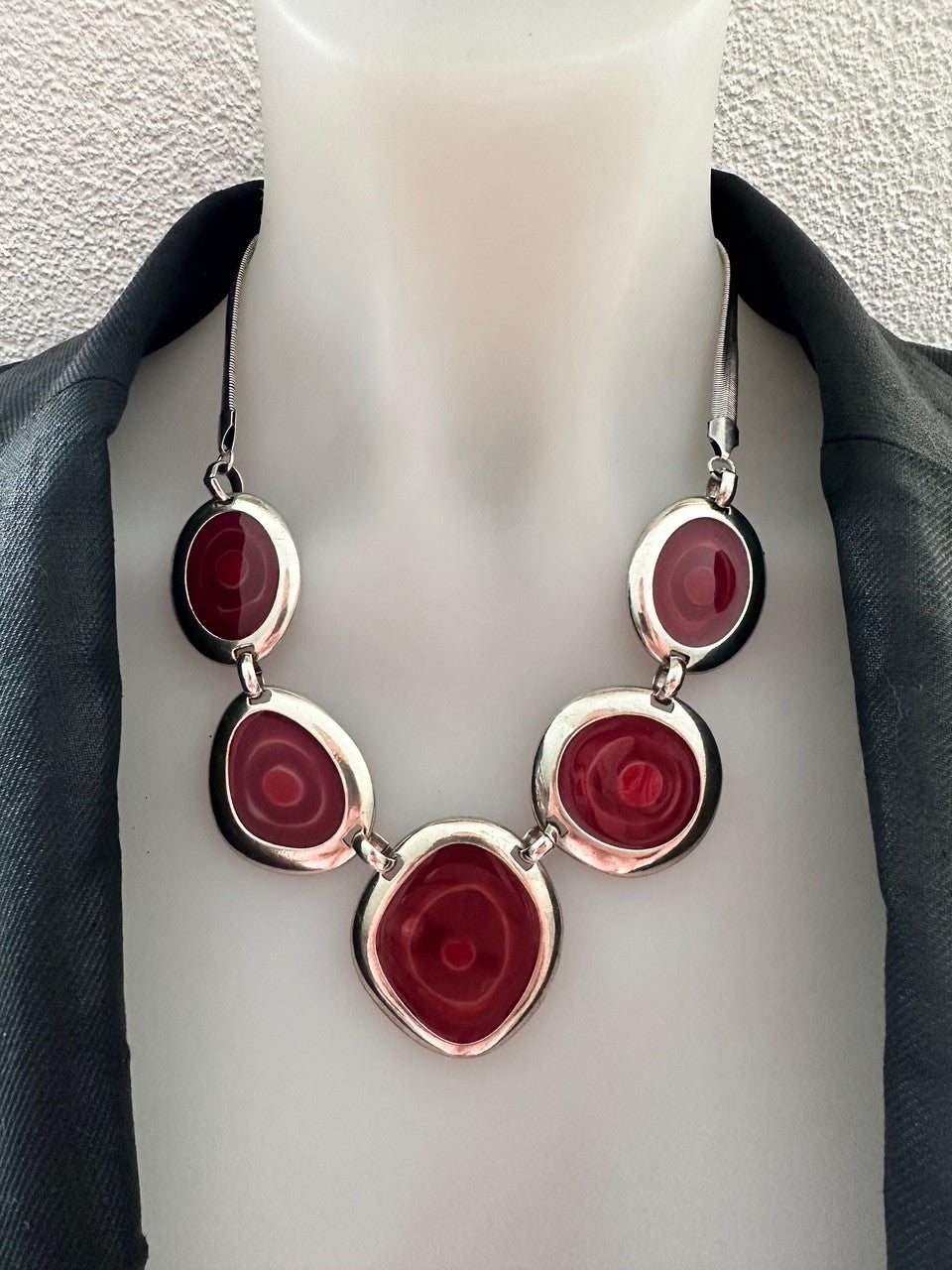 Bold Red Statement Necklace with Organic Silver-Tone Setting
