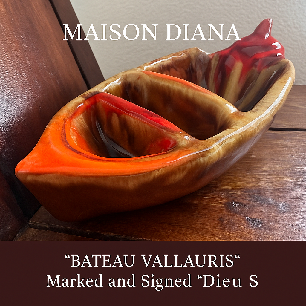 Vintage Vallauris Ceramic Boat – Marked “Bateau Vallauris” & Signed “Dieu S”