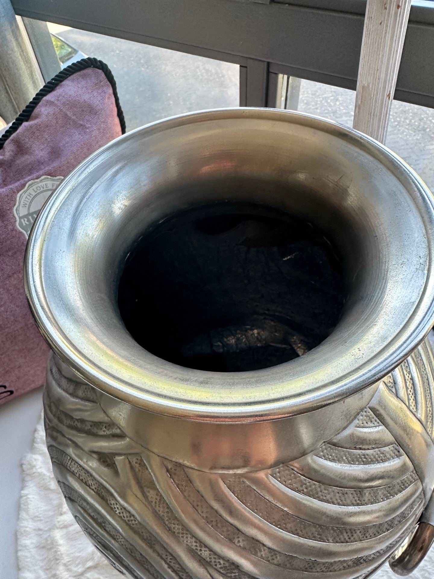 Etched Silver-Tone Metal Vase – Tribal Motif