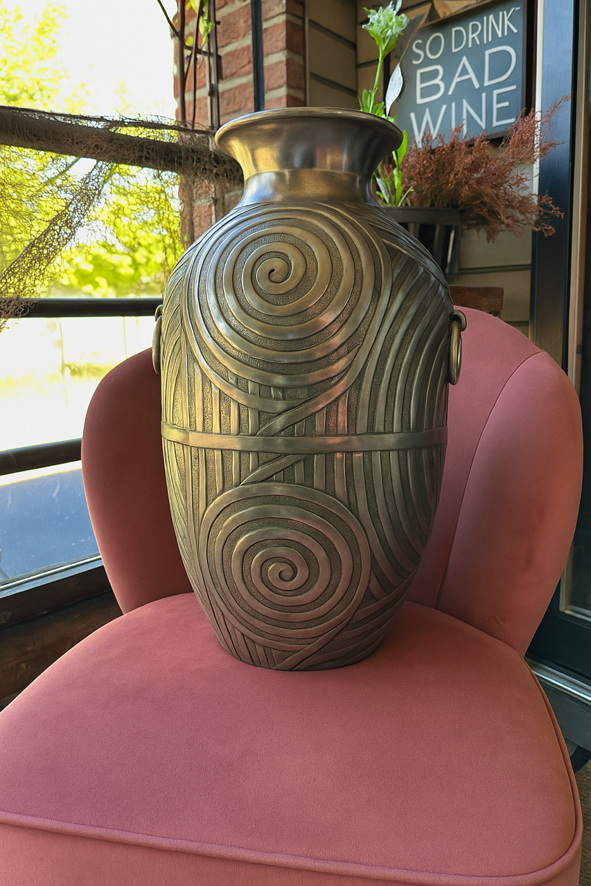 Etched Silver-Tone Metal Vase – Tribal Motif