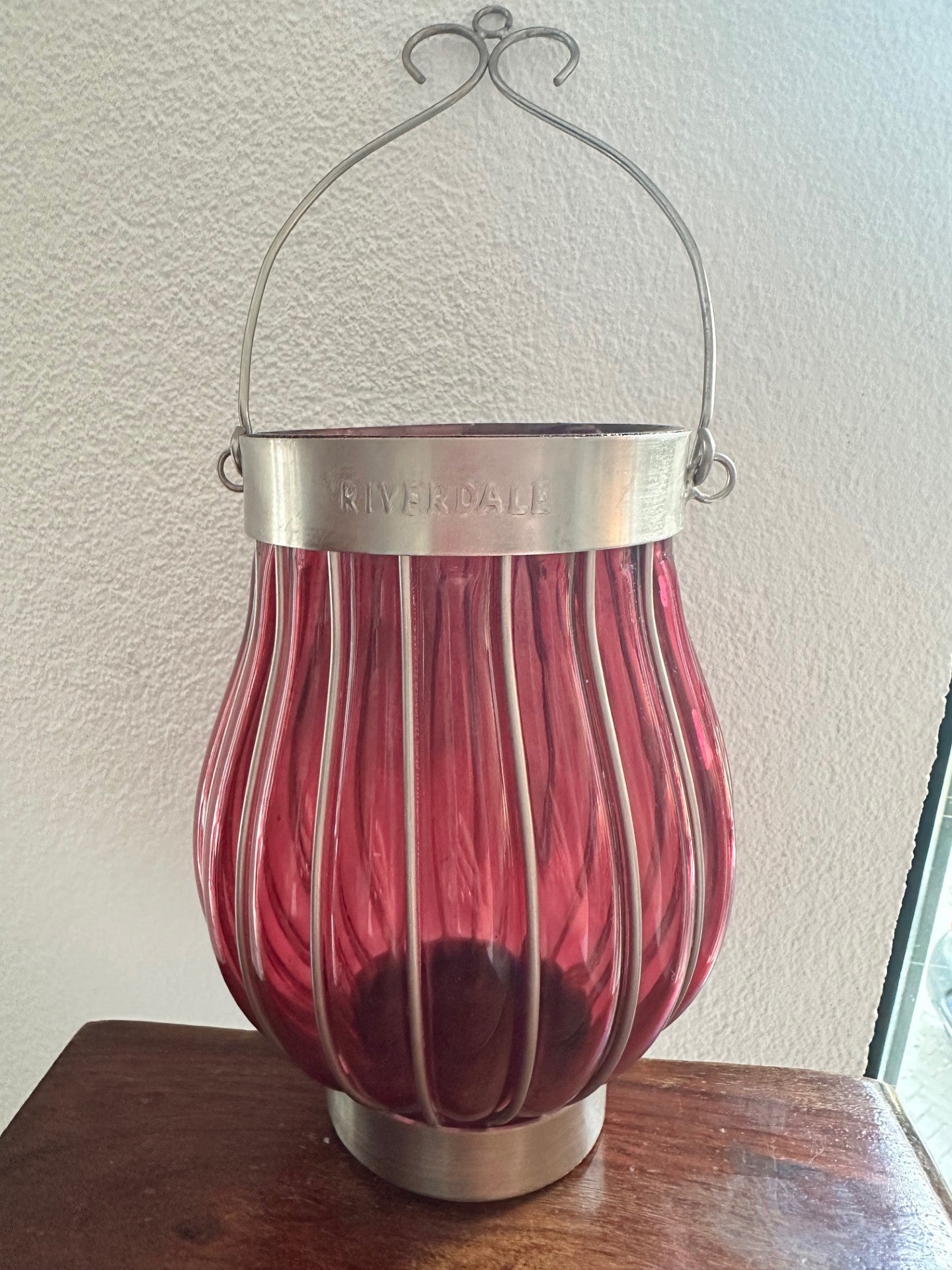 Riverdale Deep Ruby Glass Lantern – Silver Framed Elegance