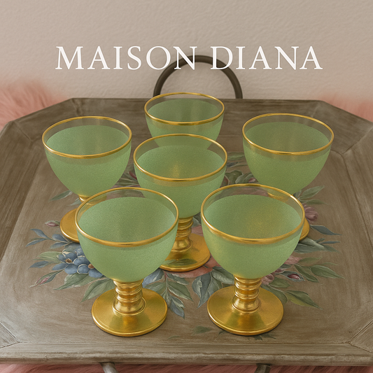 Vintage French Green & Gold Glasses – Set of 5