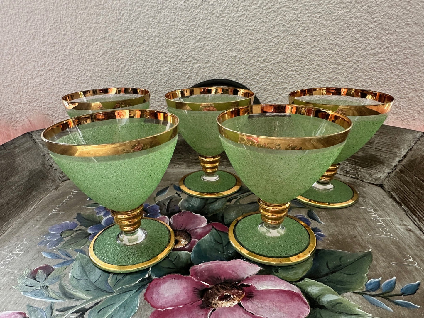Vintage French Green & Gold Glasses – Set of 5