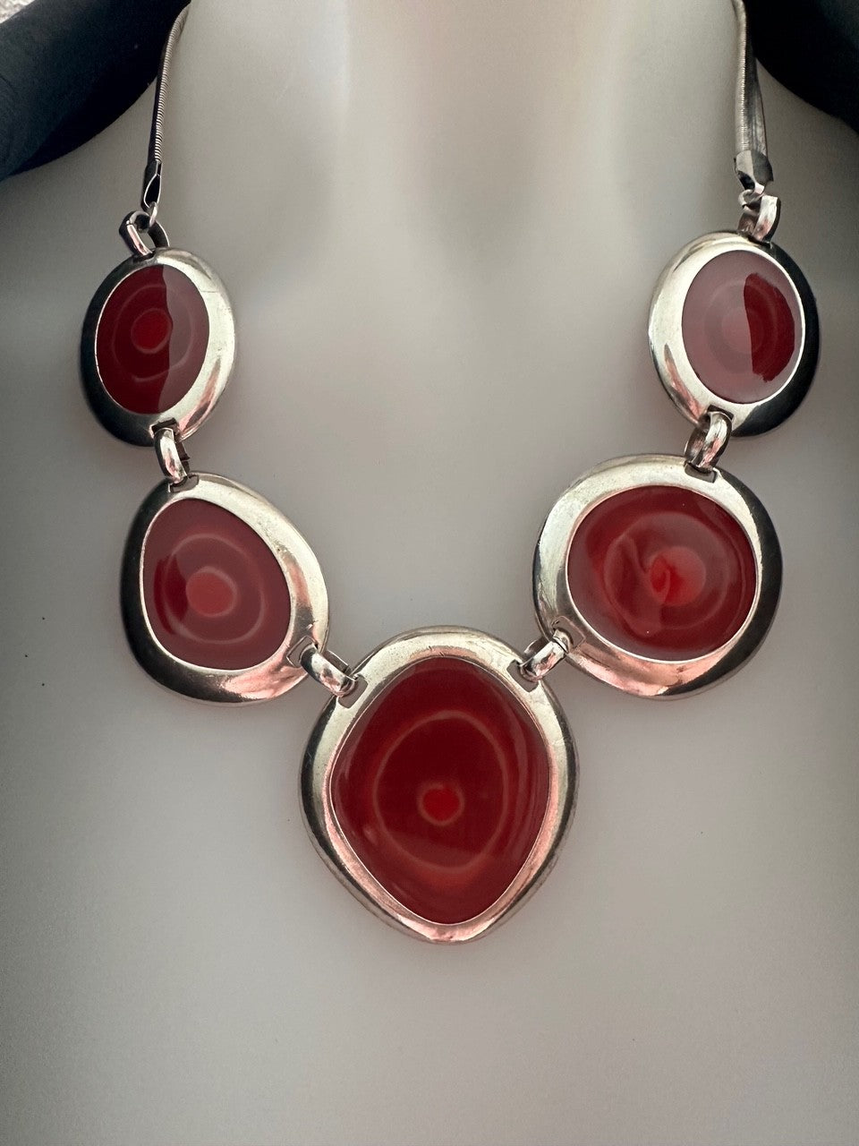 Bold Red Statement Necklace with Organic Silver-Tone Setting