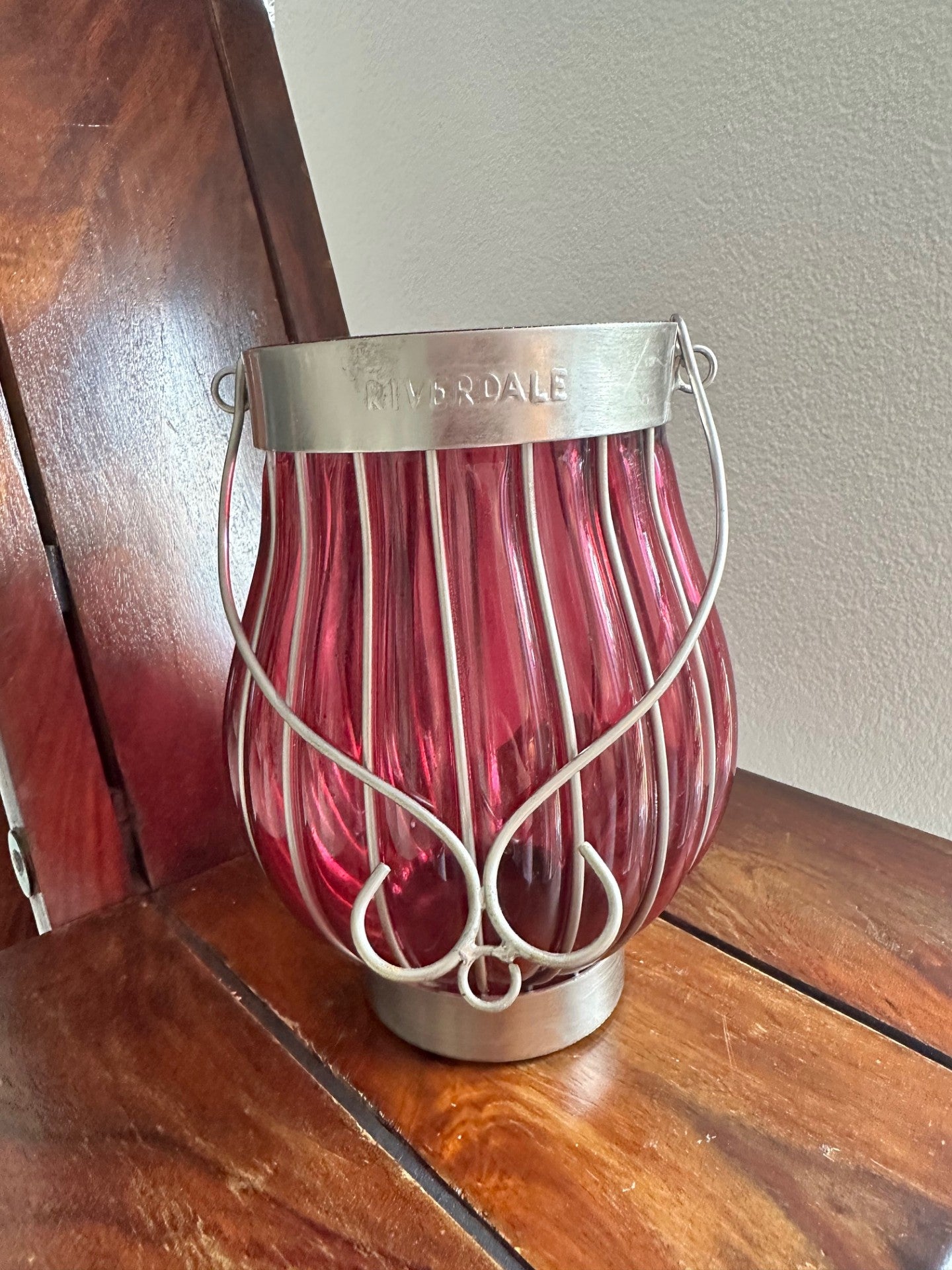 Riverdale Deep Ruby Glass Lantern – Silver Framed Elegance