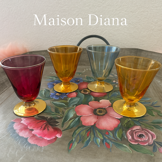 Set of 4 Vintage French Liqueur Glasses – Iridescent Colors with Gold Base