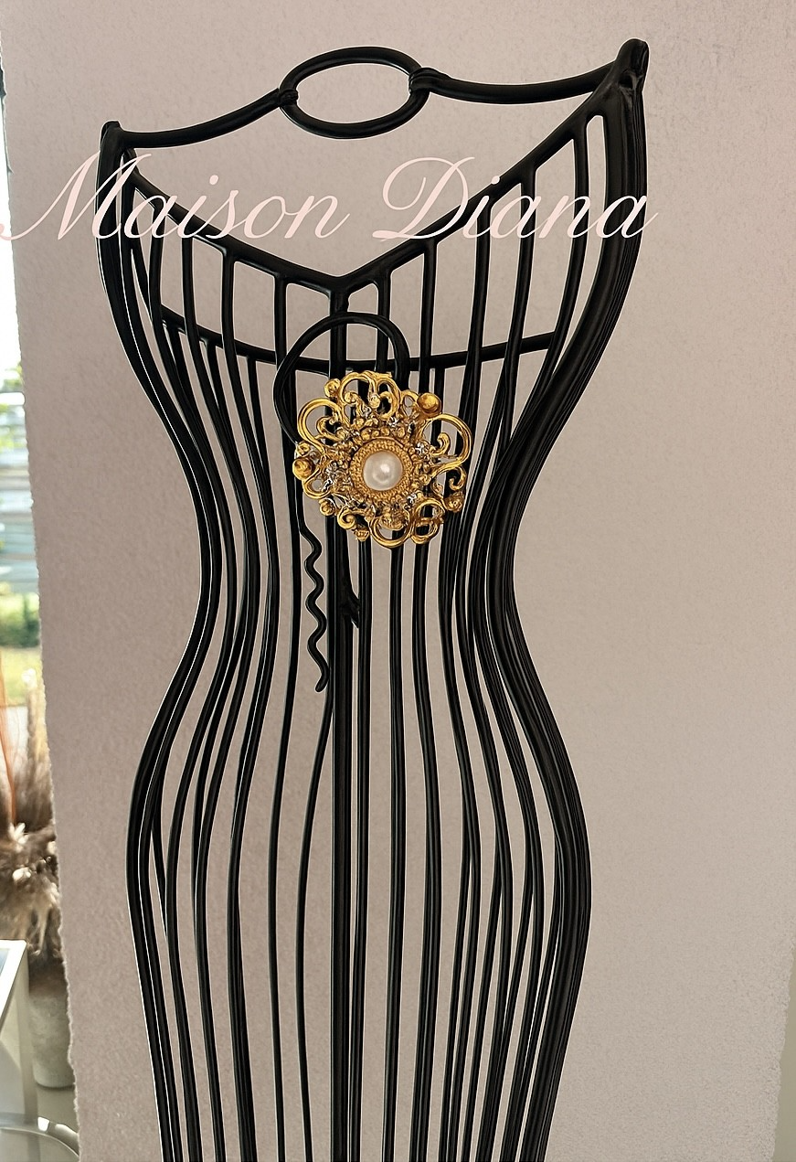 Vintage Baroque-Style Brooch with Faux Pearl & Rhinestones