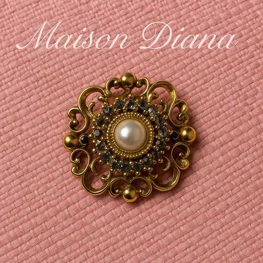 Vintage Baroque-Style Brooch with Faux Pearl & Rhinestones
