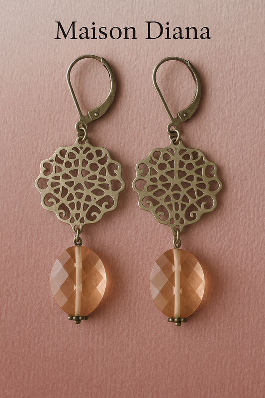 Filigree Peach Crystal Drop Earrings  Maison Diana – Timeless Adornments